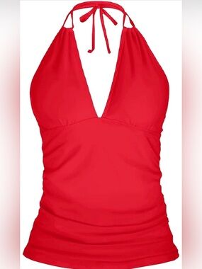Yonique Red Halter V-Neck Tankini Top Size Small BNWOT